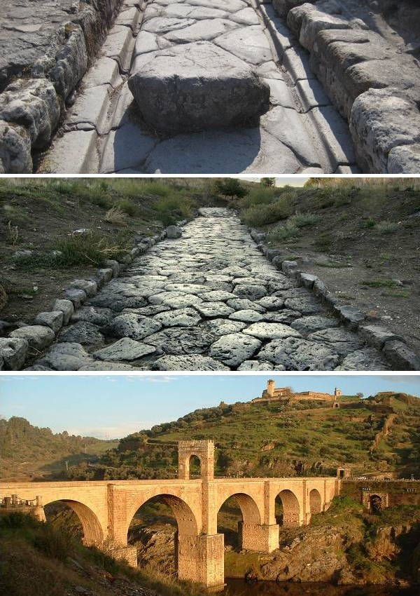 Obr. 9: A) Řecká dlážděná kamenná cesta se dvěmi uměle vytesanými drážkami pro vedení kol vozů. B) Římská dlážděná kamenná cesta v extravilánu. C) Kamenný most vybudovaný řimany přes řeku Tagus poblíž španělského města Alcántara.